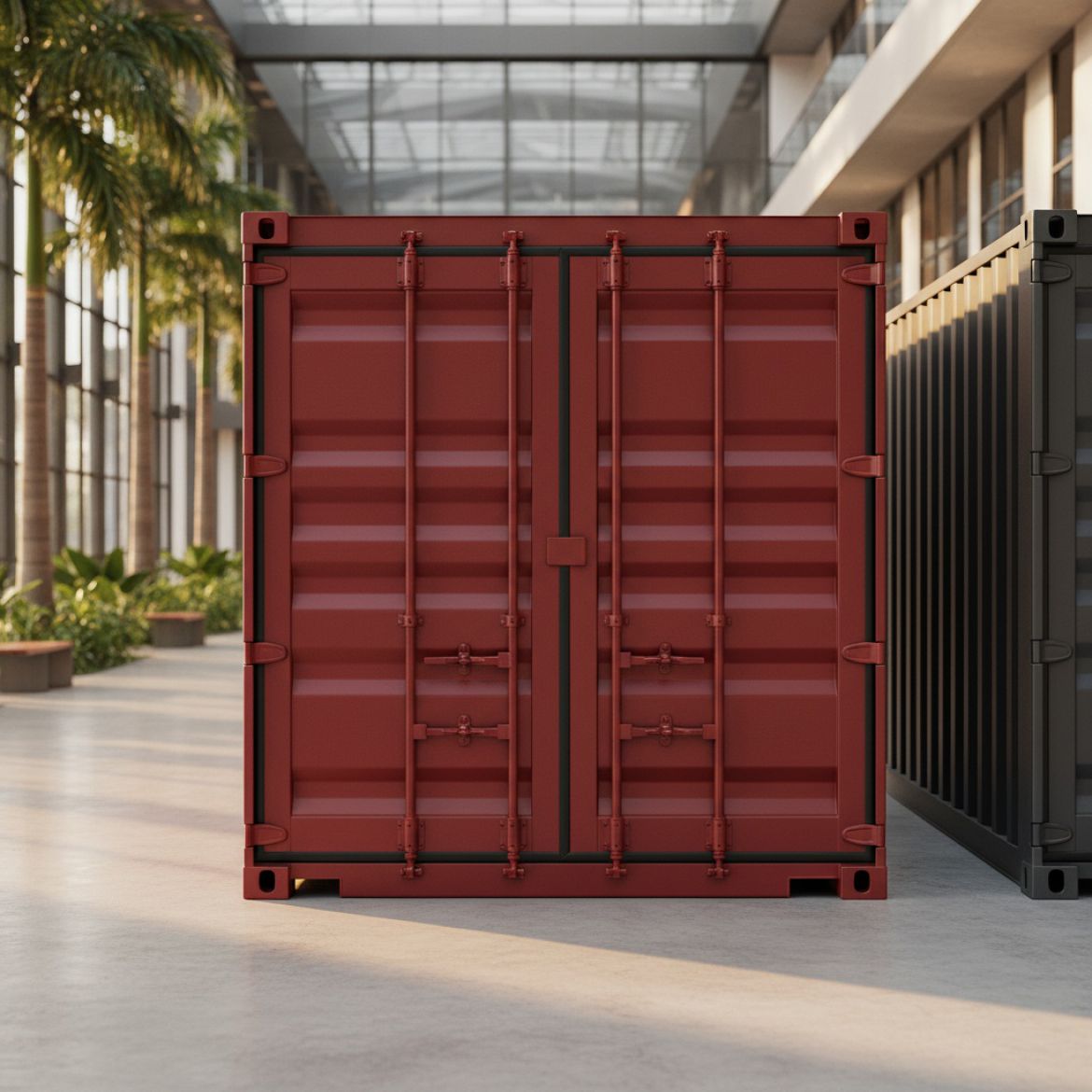 A modern red and dark grey 20ft shipping container from IDEAL Containers placed on a site in Kenya, used for storage or as a 