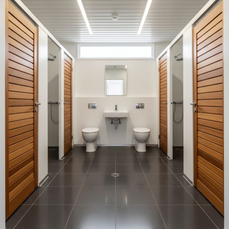 Exterior view of a red and grey IDEAL Containers Ablution Unit on a construction site in Kenya, with a clean, well-lit interi