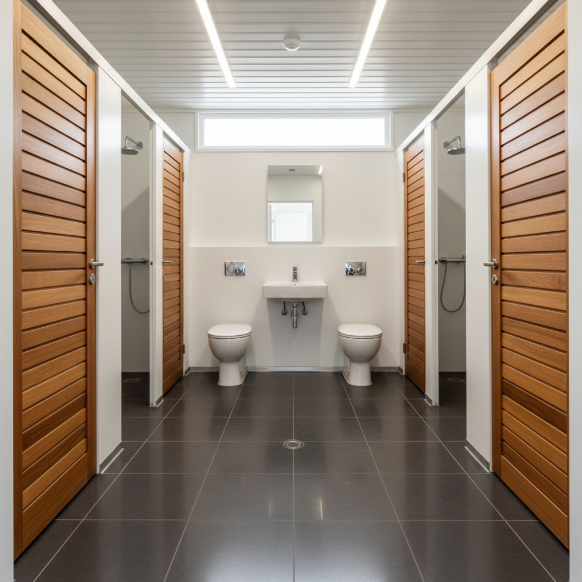 Exterior view of a red and grey IDEAL Containers Ablution Unit on a construction site in Kenya, with a clean, well-lit interi