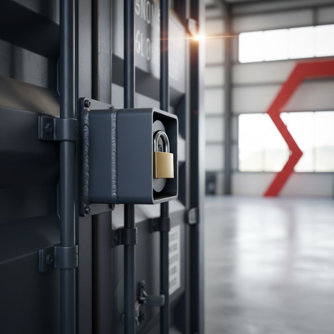 A close-up view of a heavy-duty Anti-Tamper Bolt-On Lock Box securely installed on a shipping container door, protecting the 
