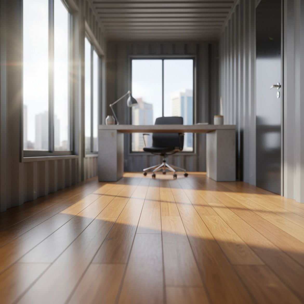 Close-up of installed Bamboo Container Flooring inside a clean shipping container, showcasing its smooth texture and natural 