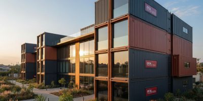 Rendering of a multi-level container complex development by IDEAL Containers in a Kenyan urban setting