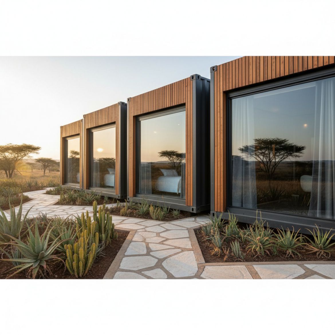 A modern, well-designed Container Guest House with a small deck and garden, built by IDEAL Containers in Kenya