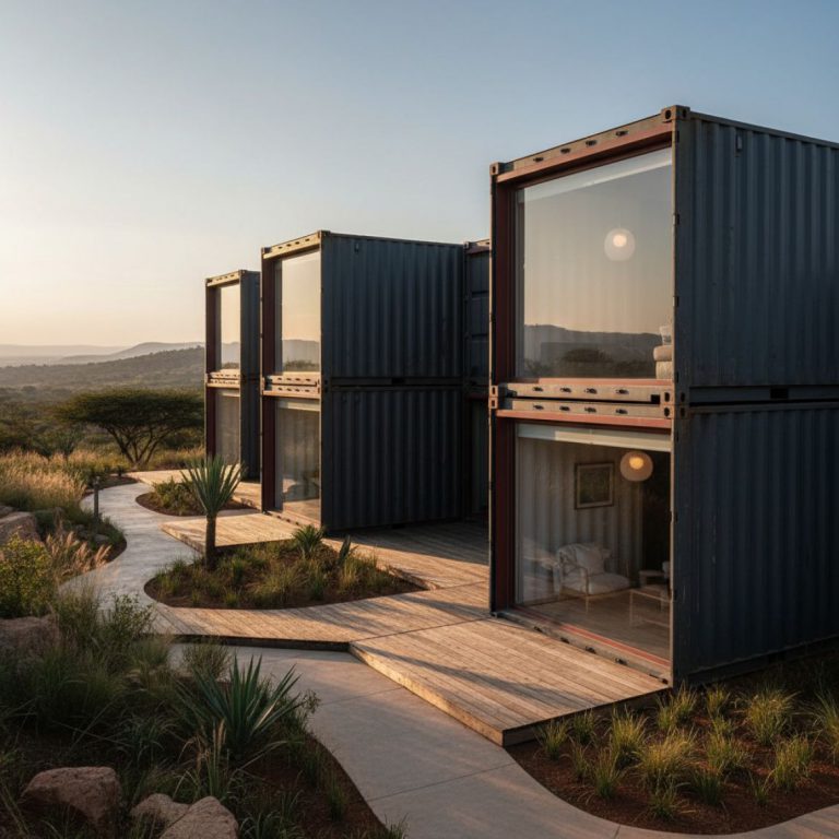 Stylish multi-unit container homes with modern finishes and landscaping in Kenya, showcasing IDEAL Containers' housing soluti