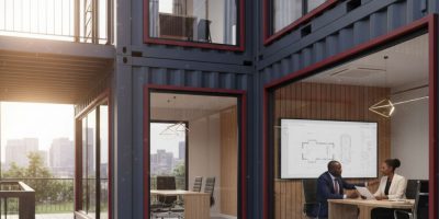 Two modern Container Offices with glass windows and branding, set up at a construction site in Kenya by IDEAL Containers