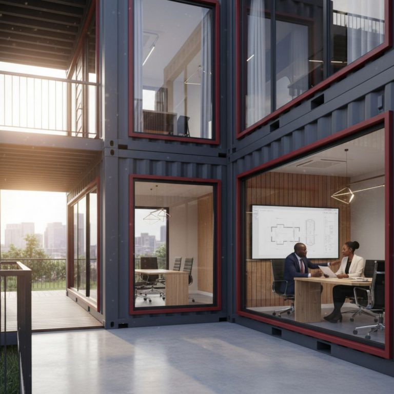 A sleek, red and dark grey container office unit with large windows, placed on a busy construction site in Kenya, showcasing 