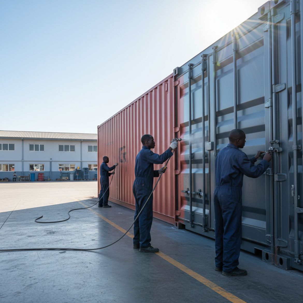 IDEAL Containers team performing structural container repairs in Kenya, ensuring high quality and durability.