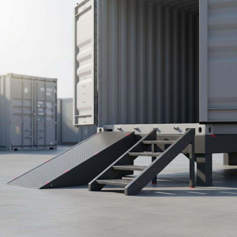 Heavy-duty steel container access ramp with anti-slip surface leading to a shipping container in Kenya