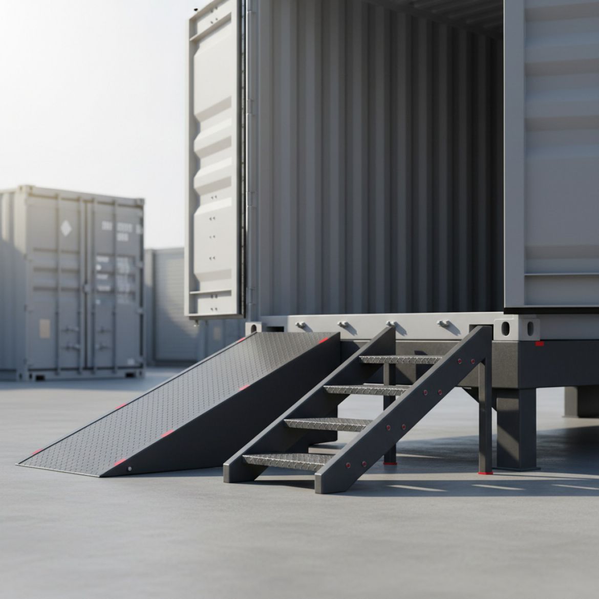 Heavy-duty steel container access ramp with anti-slip surface leading to a shipping container in Kenya
