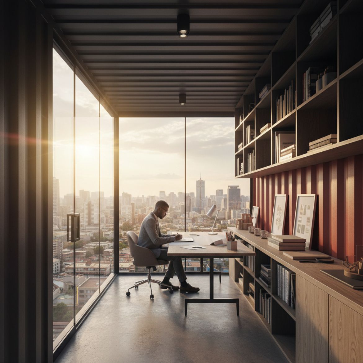 A modern container studio with large windows and a clean interior setup by IDEAL Containers in Kenya