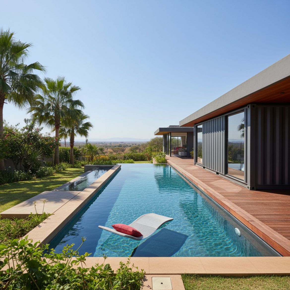A sleek, modern container swimming pool with integrated decking, installed in a lush Kenyan backyard, showcasing IDEAL Contai