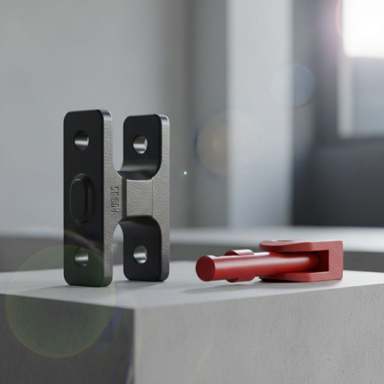 Close-up of a robust shipping container corner casting with a twist lock engaged, showcasing the secure connection provided b
