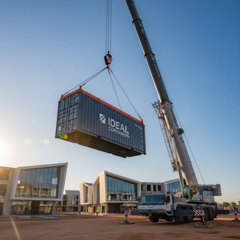 Large crane lifting a red IDEAL Containers shipping container onto a prepared site in Kenya, demonstrating crane-assisted con