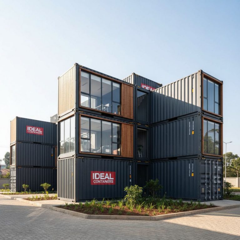 Rendering of a multi-level custom bespoke fabrication container complex designed by IDEAL Containers in Kenya
