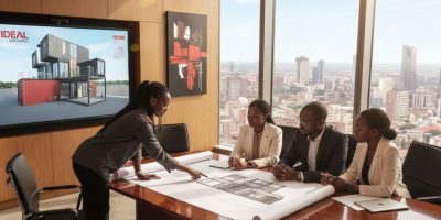 Architect reviewing custom container design to client specifications for a Kenyan project