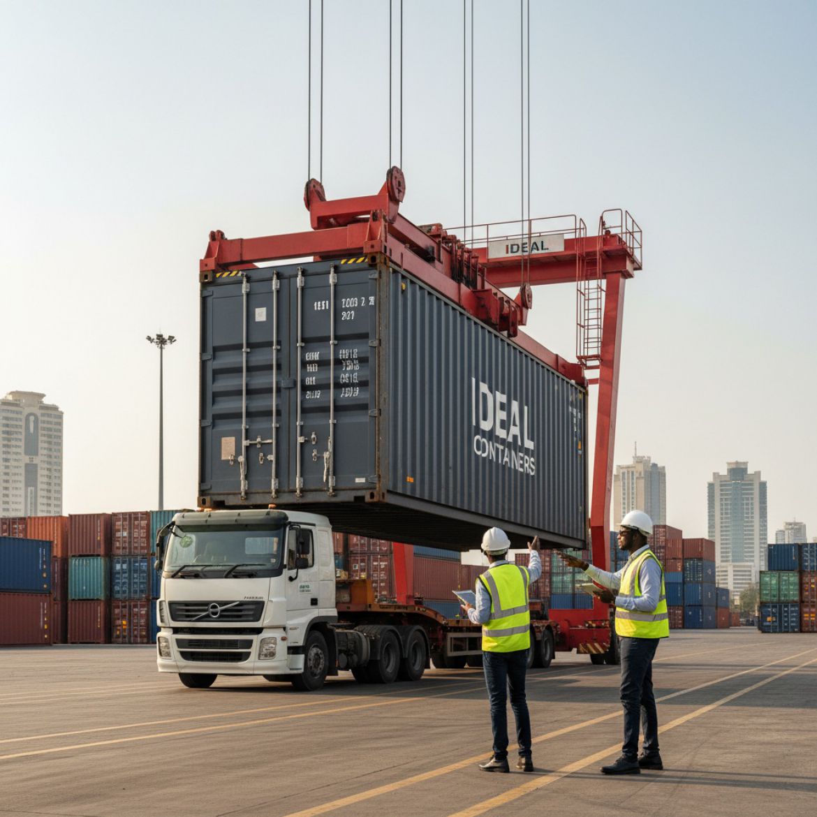 Specialised lowbed truck delivering a shipping container with a crane for precise placement in Kenya