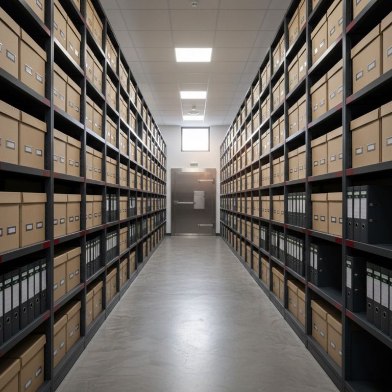 Row of secure storage units filled with document archive boxes at an IDEAL Containers facility in Kenya