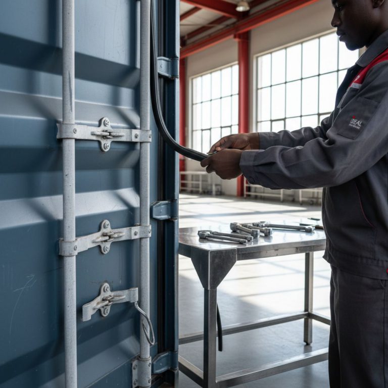 IDEAL Containers technician replacing a faulty door seal during a container door repair service in Athi River, Kenya