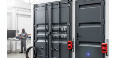 Close-up of secure shipping container doors & entry hardware with locking bars and seals by IDEAL Containers Kenya