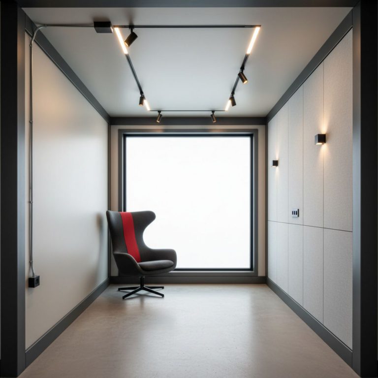 Interior of a modified shipping container showing professional Electrical Wiring & Lighting Fit-Out with installed sockets, s