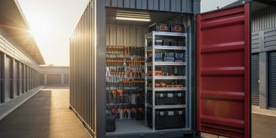 Large shipping container used for secure equipment storage with construction tools visible inside from IDEAL Containers Kenya
