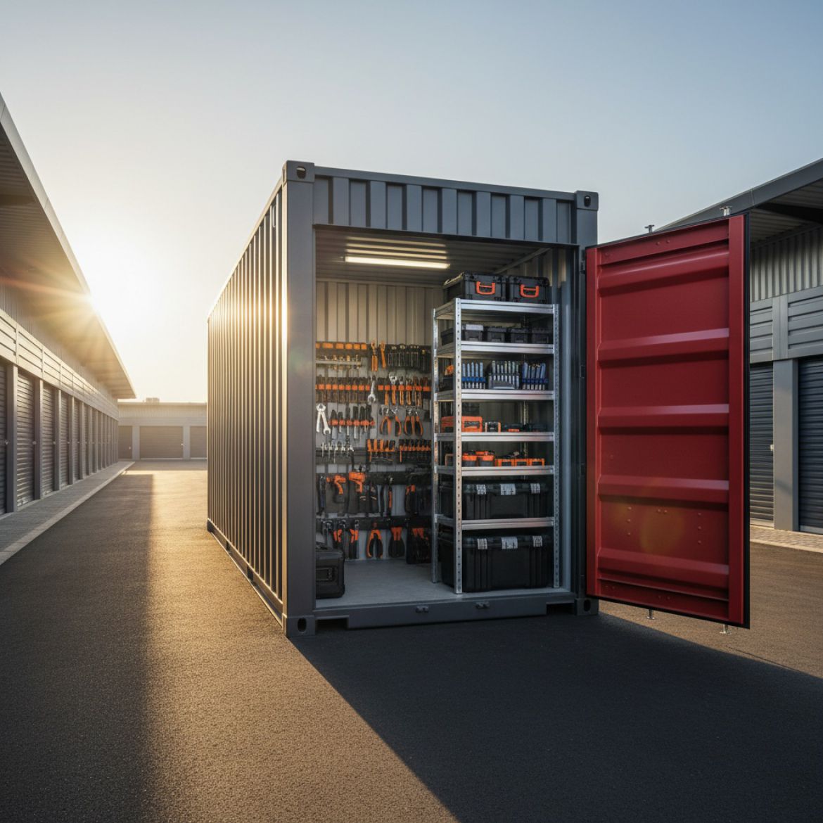 Large shipping container used for secure equipment storage with construction tools visible inside from IDEAL Containers Kenya