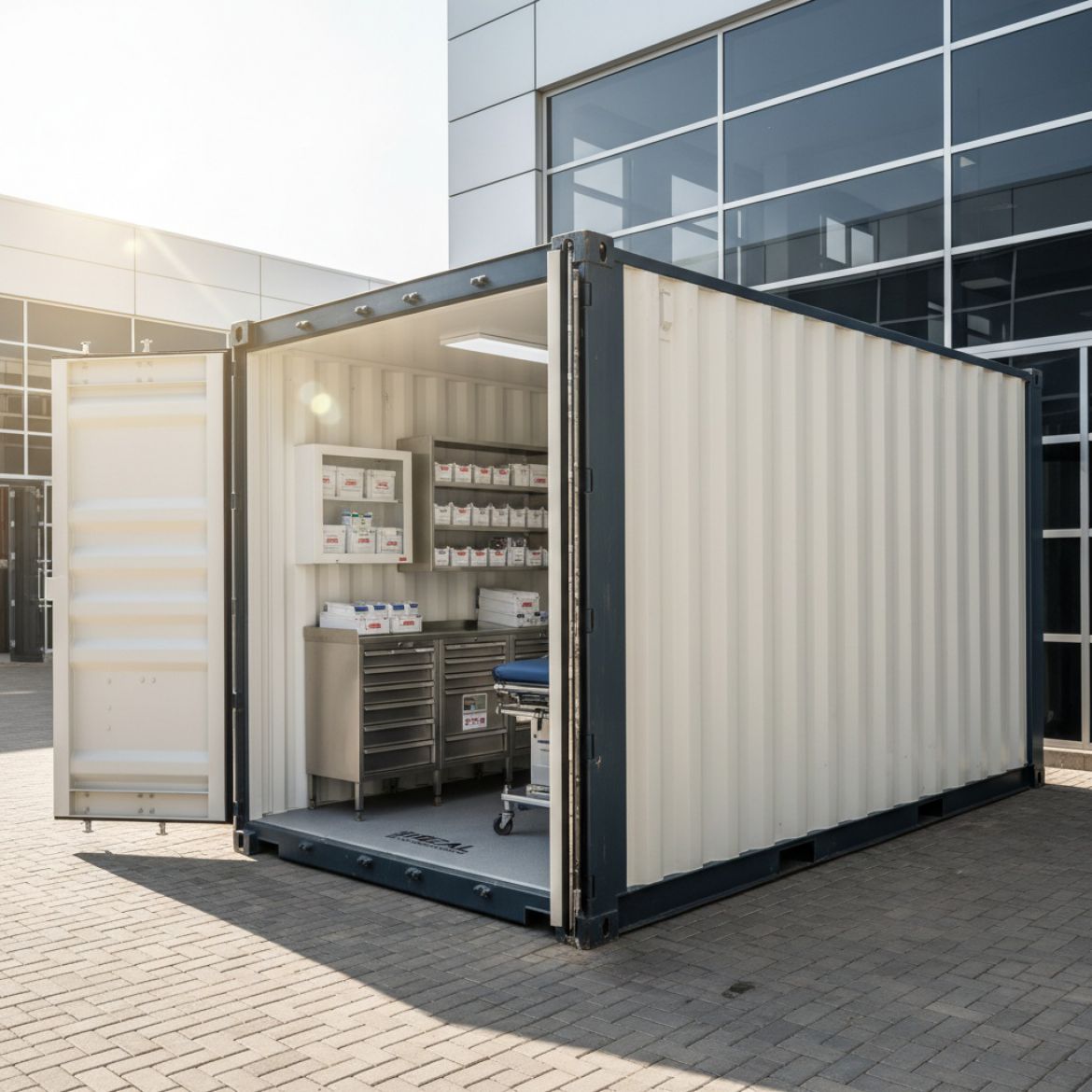 A converted shipping container serving as a mobile First Aid & Medical Container on a construction site in Kenya, with medica