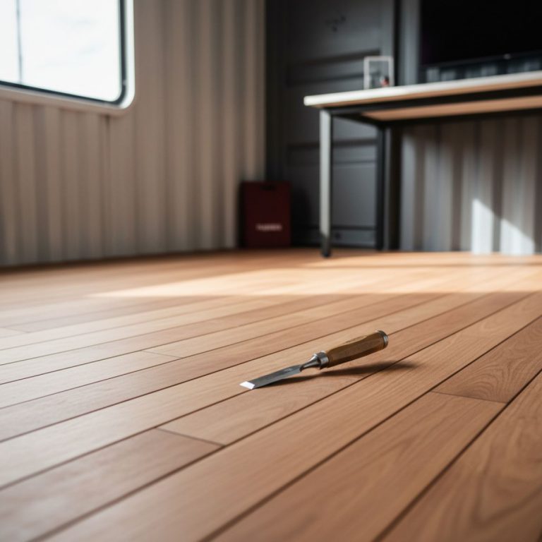 Skilled technicians performing container floor repairs on a shipping container, showing new hardwood or bamboo flooring being