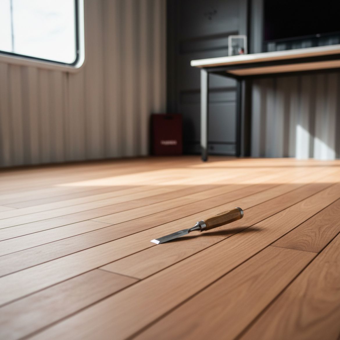 Skilled technicians performing container floor repairs on a shipping container, showing new hardwood or bamboo flooring being