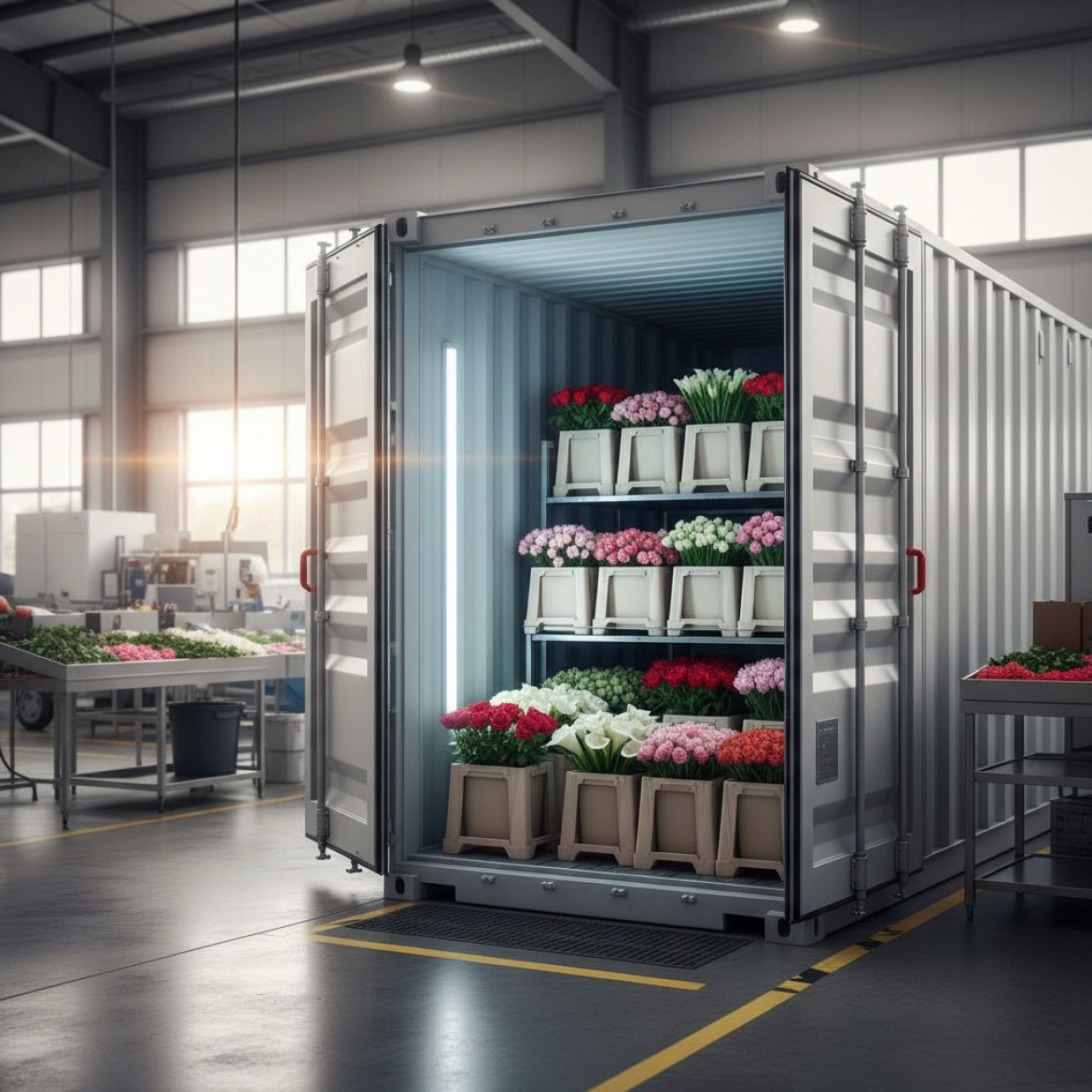 Fresh cut flowers being stored in an IDEAL Containers Floriculture Cold Storage reefer unit in Kenya, highlighting temperatur