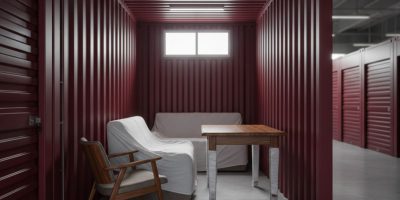 Robust shipping container interior with neatly stored household furniture, highlighting secure furniture storage solutions fr