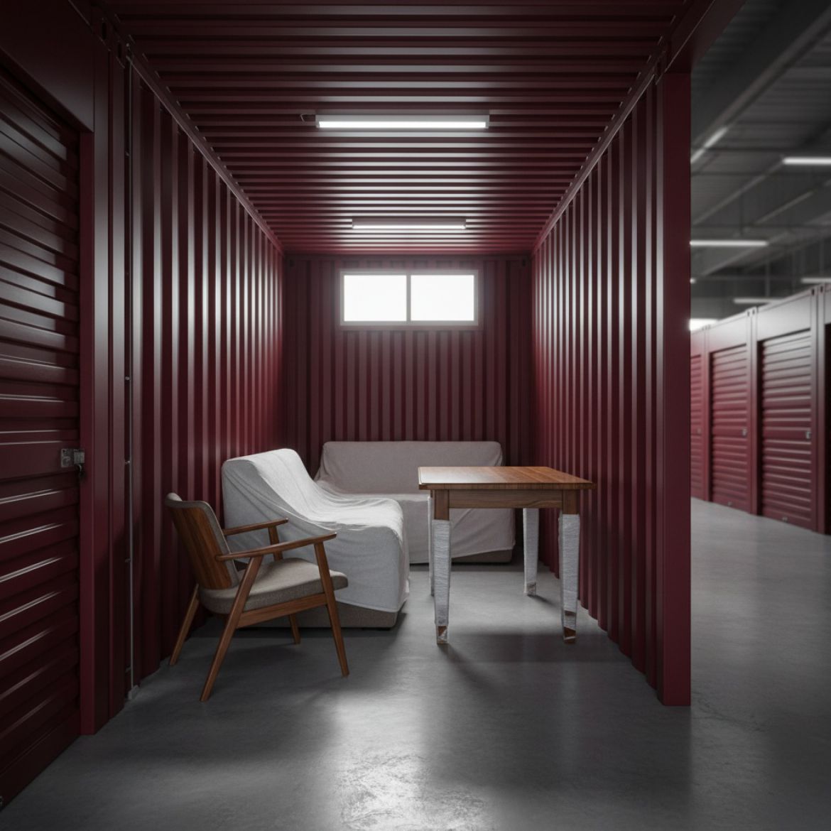 Robust shipping container interior with neatly stored household furniture, highlighting secure furniture storage solutions fr