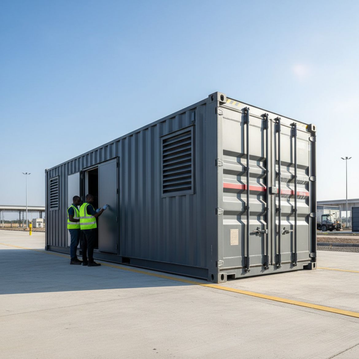 A heavy-duty generator housing container from IDEAL Containers on an industrial site in Kenya, providing secure power solutio