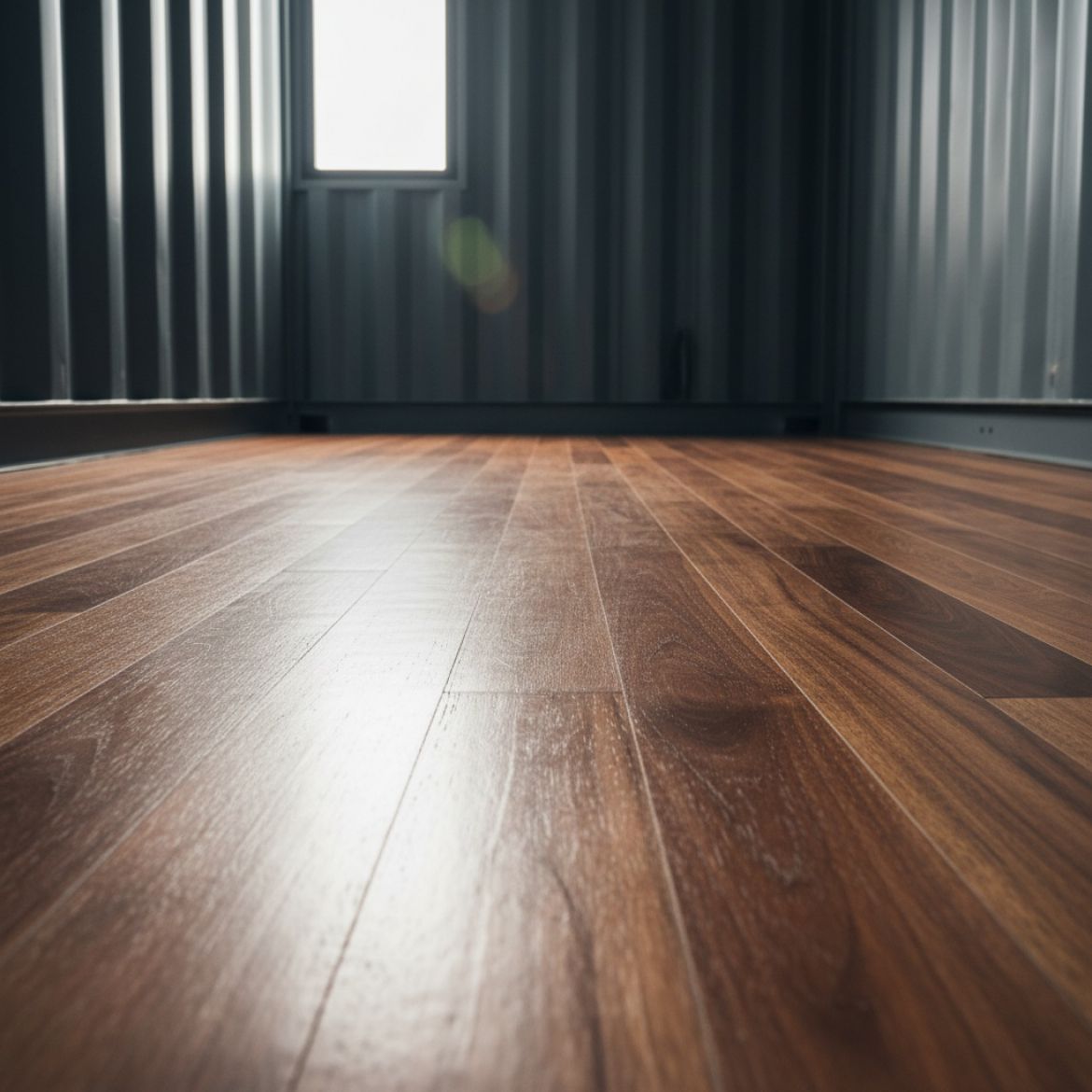 Beautiful hardwood container flooring installed in a modern container office, showcasing durability and aesthetic appeal by I