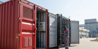 Heavy-duty Industrial Utility Containers providing secure generator housing and workshop space at a Kenyan industrial site
