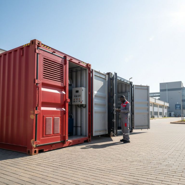 Heavy-duty Industrial Utility Containers providing secure generator housing and workshop space at a Kenyan industrial site
