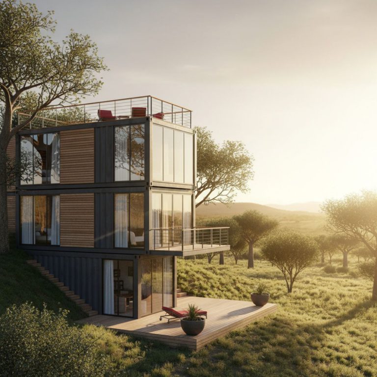 A stylish modern container home in a green Kenyan setting, showcasing sustainable Kenya real estate.