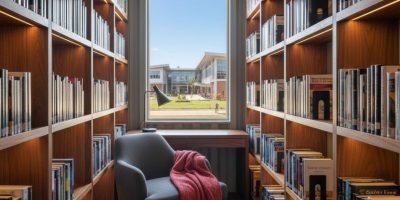 A modern IDEAL Containers library container exterior with children reading inside in Kenya
