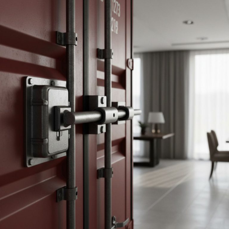 Close-up of robust container security hardware with heavy-duty locking bars on a red shipping container in Kenya, demonstrati