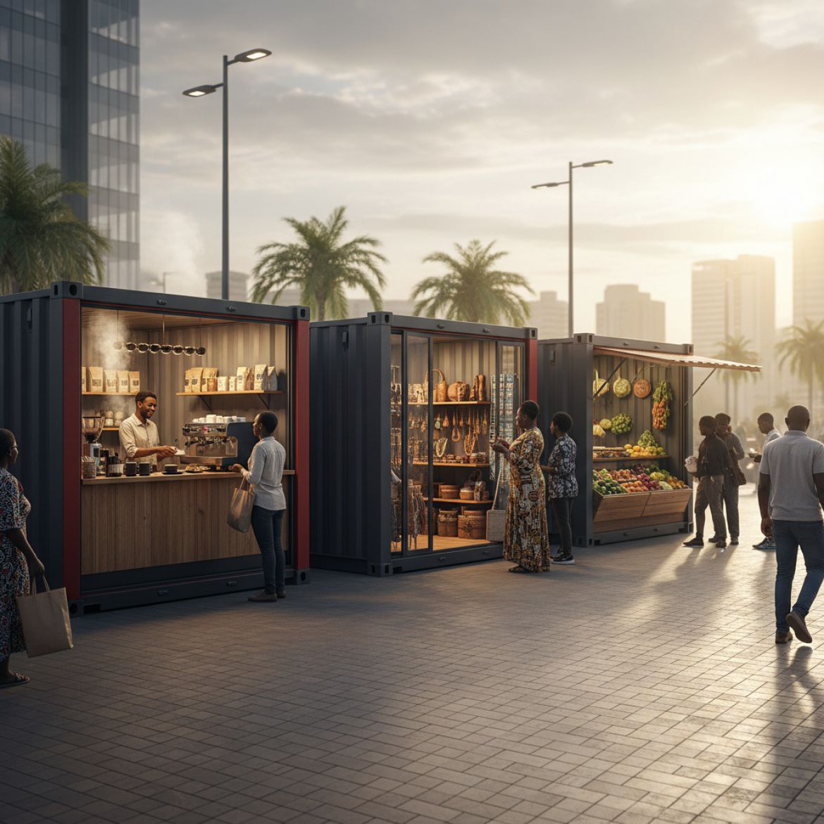 Vibrant market kiosk made from a shipping container in Kenya, branded for retail