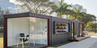 A vibrant red IDEAL Containers modified container, possibly an office or retail kiosk, with branding, set in a Kenyan landsca