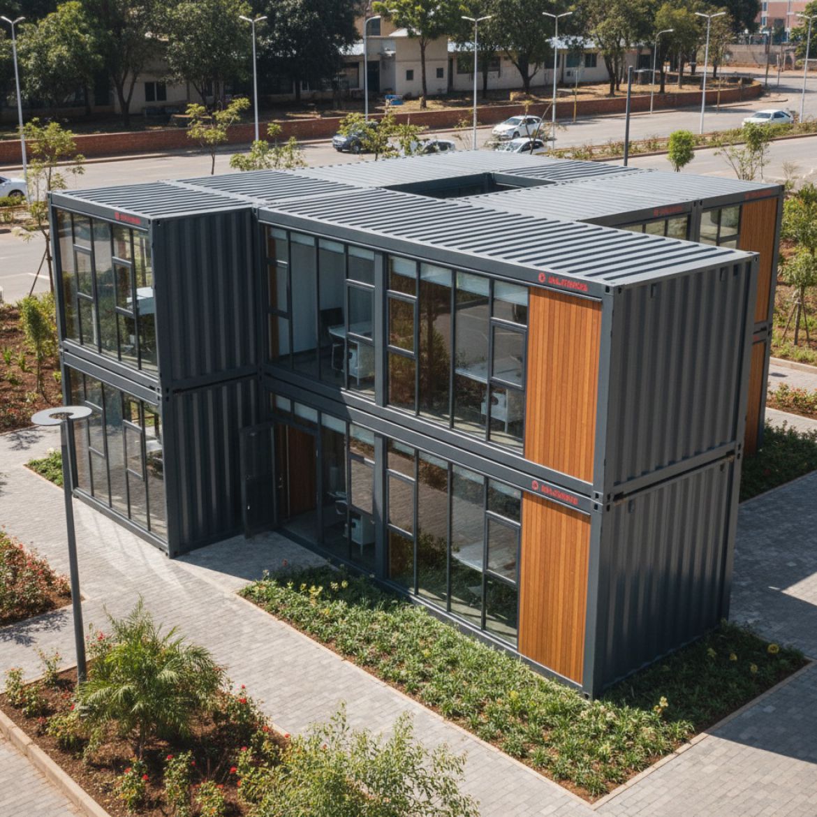 Modern multi-room container office exterior with multiple windows and doors, showing different internal sections by IDEAL Con