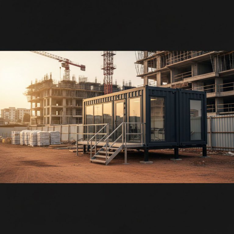 Red IDEAL Containers office container on a busy Kenyan construction site