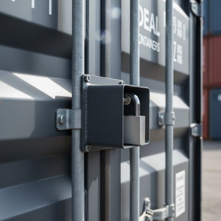 Close-up of a robust security lockbox with a heavy-duty padlock securing a shipping container door, highlighting enhanced Pad