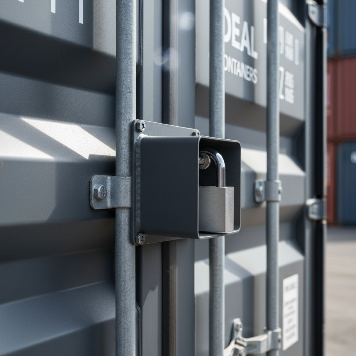 Close-up of a robust security lockbox with a heavy-duty padlock securing a shipping container door, highlighting enhanced Pad