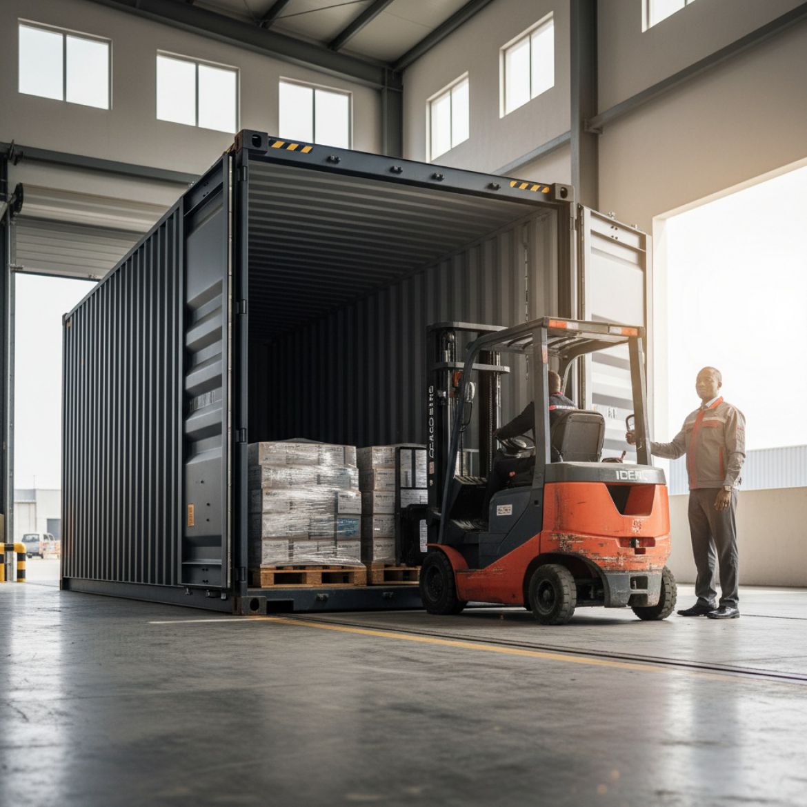 A Pallet-Wide Container being loaded with multiple rows of Euro pallets side-by-side, showcasing optimized cargo space for bu