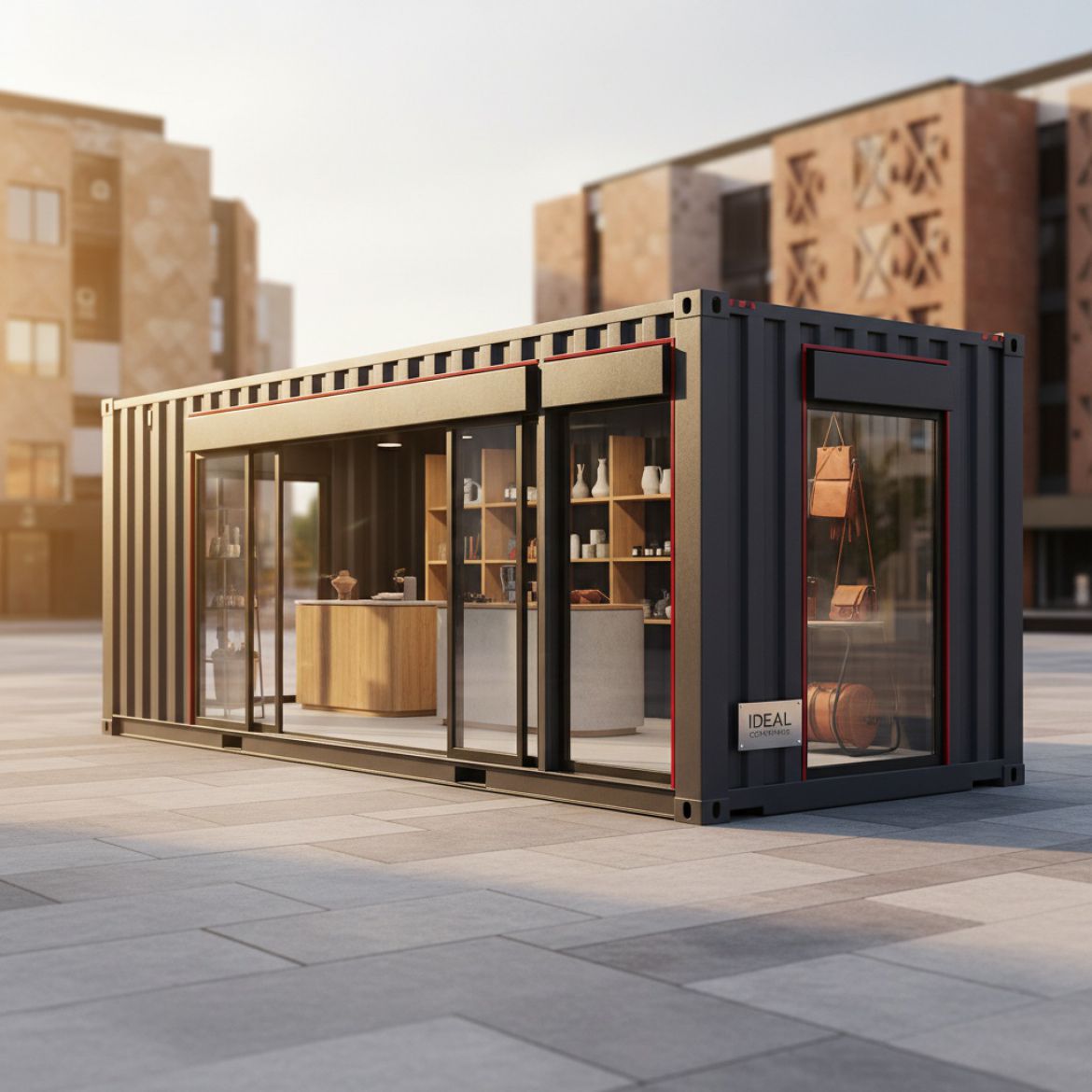 A vibrant, custom-designed shipping container serving as a Pop-Up Retail Shop with branding, ideal for market presence in Ken