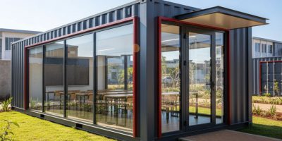 Exterior view of a bright and spacious portable classroom unit from IDEAL Containers, set in a Kenyan schoolyard, highlightin