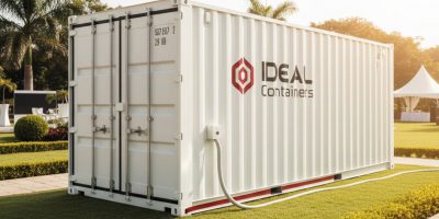 A white IDEAL Containers reefer unit providing cold storage at a vibrant outdoor event in Kenya, with people enjoying chilled