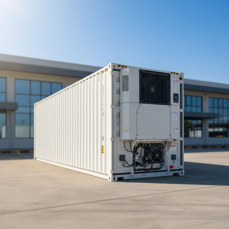 A white refrigerated container (reefer) available for hire from IDEAL Containers in Kenya, showcasing its temperature control